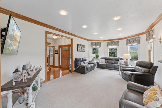 3136 W 2400th St S, Charleston, UT 84032 - carpeted living area featuring ornamental molding and recessed lighting