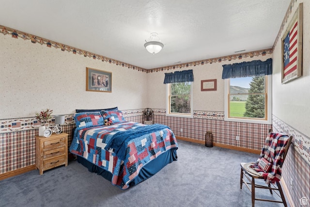 3136 W 2400th St S, Charleston, UT 84032 - carpeted bedroom with wallpapered walls, wainscoting, and a textured ceiling
