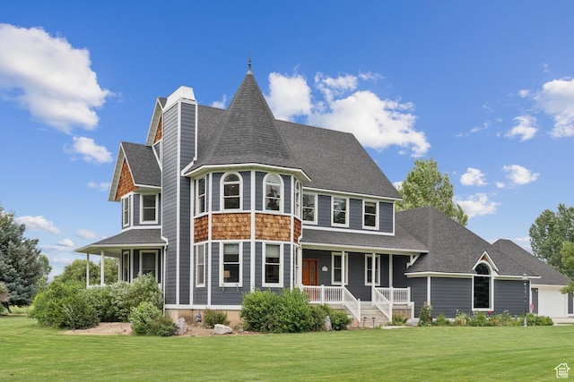 3136 W 2400th St S, Charleston, UT 84032 - rear view of property with a porch, a shingled roof, a yard, and a chimney