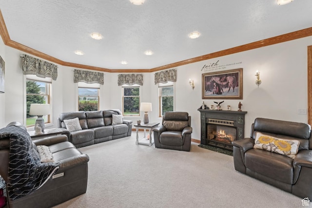 3136 W 2400th St S, Charleston, UT 84032 - living area featuring ornamental molding, carpet flooring, a glass covered fireplace, a textured ceiling, and recessed lighting