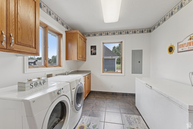 3136 W 2400th St S, Charleston, UT 84032 - washroom featuring cabinet space, electric panel, washing machine and clothes dryer, and light tile patterned floors