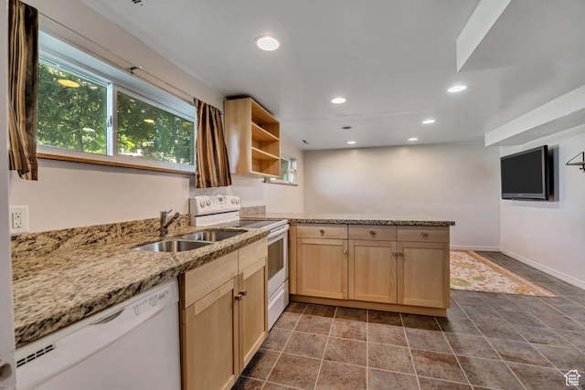 1261 E Sandra Cir, Murray, UT 84121 - kitchen featuring white appliances, a peninsula, light brown cabinets, light stone counters, and open shelves
