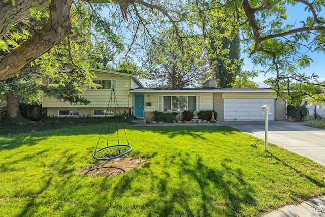 1261 E Sandra Cir, Murray, UT 84121 - tri-level home featuring concrete driveway, a garage, a front yard, a chimney, and brick siding