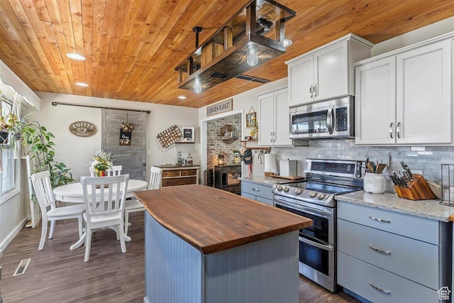 158 N 800 E, Brigham City, UT 84302 - kitchen with stainless steel appliances, wooden counters, wooden ceiling, tasteful backsplash, and a center island