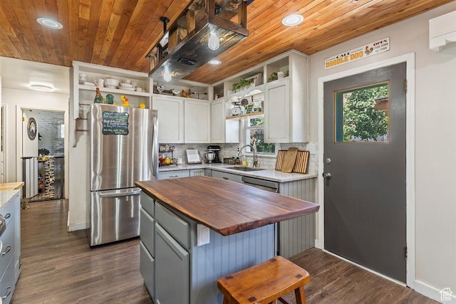 158 N 800 E, Brigham City, UT 84302 - kitchen with wood counters, freestanding refrigerator, open shelves, wood ceiling, and dark wood-style floors
