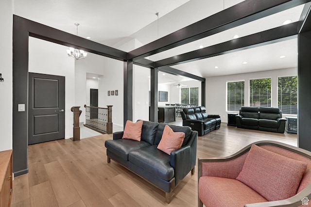 7496 S 1740 E, South Weber, UT 84405 - living room with light wood-style flooring, a chandelier, and recessed lighting