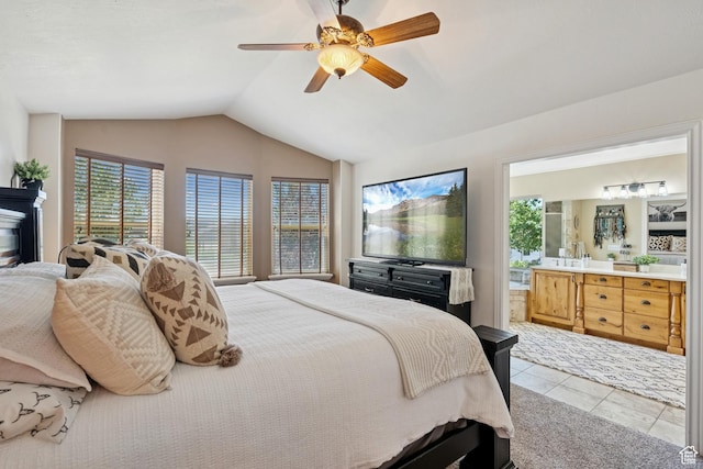 294 W Willow Ct Unit 12, Francis, UT 84036 - tiled bedroom featuring vaulted ceiling, ensuite bath, and ceiling fan