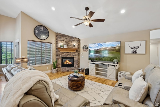 294 W Willow Ct Unit 12, Francis, UT 84036 - living room with vaulted ceiling, ceiling fan, a fireplace, wood finished floors, and recessed lighting