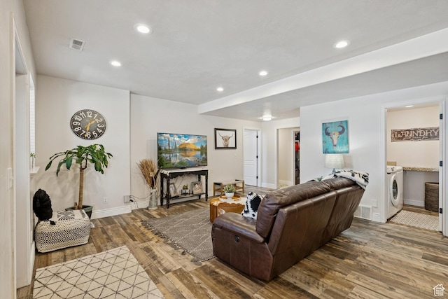 294 W Willow Ct Unit 12, Francis, UT 84036 - living area with washer / dryer, wood finished floors, and recessed lighting
