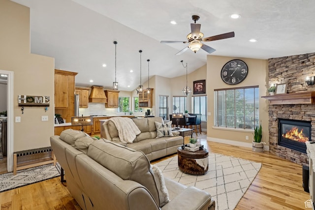 294 W Willow Ct Unit 12, Francis, UT 84036 - living area featuring high vaulted ceiling, ceiling fan, light wood-style flooring, recessed lighting, and a fireplace