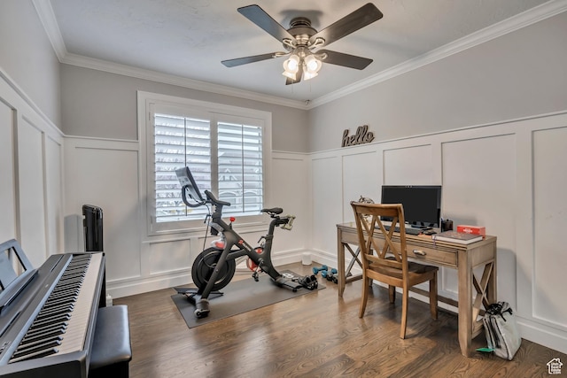 1885 E 10225 S, Sandy, UT 84092 - office space featuring a decorative wall, ceiling fan, crown molding, a wainscoted wall, and dark wood-style flooring