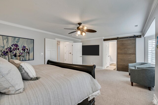 1885 E 10225 S, Sandy, UT 84092 - bedroom featuring crown molding, a barn door, light carpet, ceiling fan, and ensuite bathroom