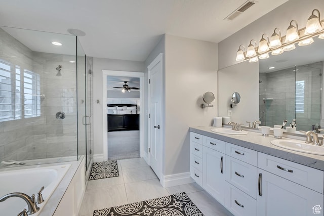 1885 E 10225 S, Sandy, UT 84092 - full bath with a stall shower, double vanity, a bath, ceiling fan, and tile patterned floors