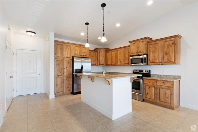 983 W 1055 N Unit 816, Orem, UT 84057 - kitchen featuring appliances with stainless steel finishes, brown cabinetry, a kitchen bar, light stone countertops, and hanging light fixtures
