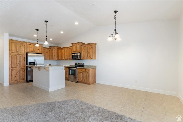 983 W 1055 N Unit 816, Orem, UT 84057 - kitchen with stainless steel appliances, a breakfast bar area, brown cabinetry, light countertops, and lofted ceiling