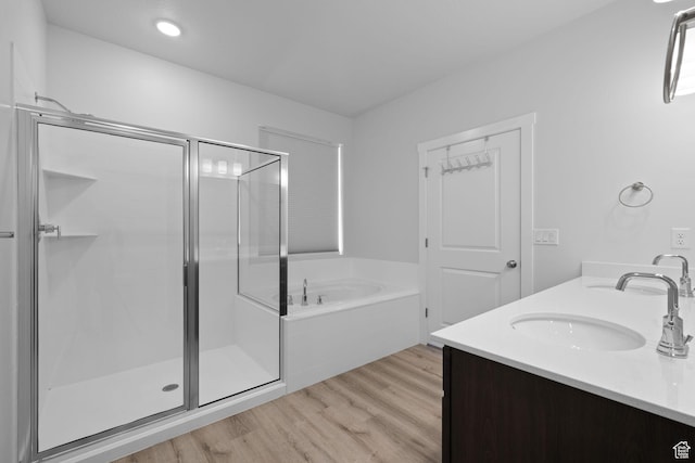 3105 W 3150 N, Plain City, UT 84404 - full bathroom featuring a bath, a stall shower, wood finished floors, double vanity, and recessed lighting