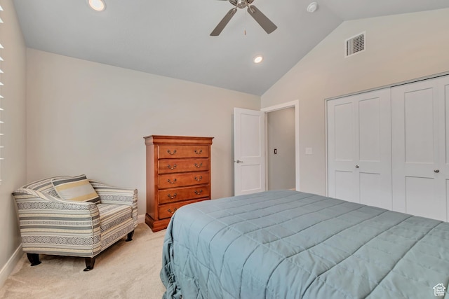 453 S Short Horse Ln Unit C, Saratoga Springs, UT 84045 - bedroom featuring light colored carpet, lofted ceiling, recessed lighting, a ceiling fan, and a closet
