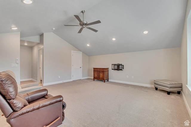 453 S Short Horse Ln Unit C, Saratoga Springs, UT 84045 - living area featuring a ceiling fan, lofted ceiling, light colored carpet, and recessed lighting
