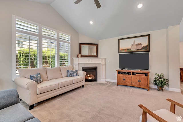 453 S Short Horse Ln Unit C, Saratoga Springs, UT 84045 - living area with lofted ceiling, ceiling fan, a high end fireplace, light colored carpet, and recessed lighting