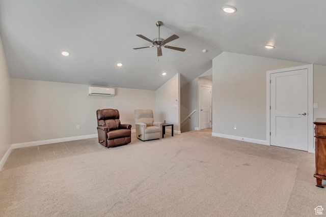 453 S Short Horse Ln Unit C, Saratoga Springs, UT 84045 - living area featuring a wall mounted AC, a ceiling fan, carpet, vaulted ceiling, and recessed lighting