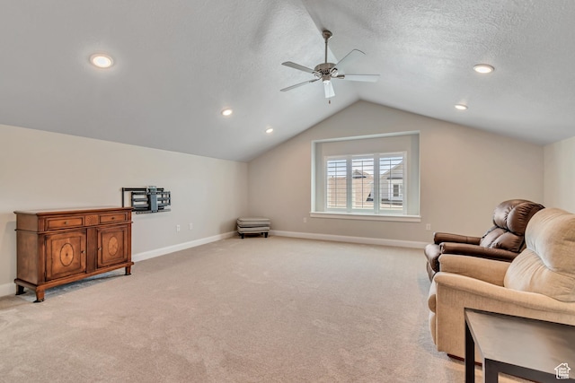 453 S Short Horse Ln Unit C, Saratoga Springs, UT 84045 - sitting room with lofted ceiling, ceiling fan, light colored carpet, a textured ceiling, and recessed lighting