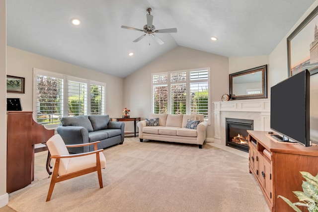 453 S Short Horse Ln Unit C, Saratoga Springs, UT 84045 - living room with ceiling fan, a fireplace, vaulted ceiling, light colored carpet, and recessed lighting