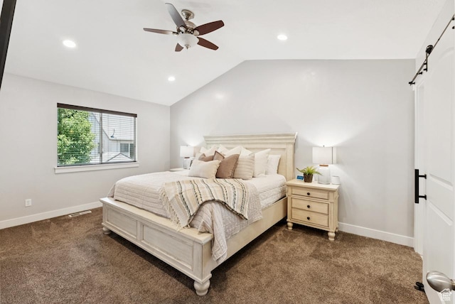 422 W 390 S, Spanish Fork, UT 84660 - bedroom featuring a barn door, dark carpet, vaulted ceiling, recessed lighting, and a ceiling fan