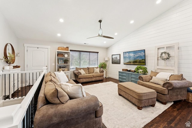 422 W 390 S, Spanish Fork, UT 84660 - living area featuring dark wood finished floors, ceiling fan, wooden walls, recessed lighting, and high vaulted ceiling