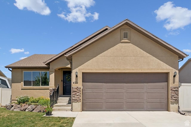422 W 390 S, Spanish Fork, UT 84660 - single story home featuring stucco siding, concrete driveway, and stone siding