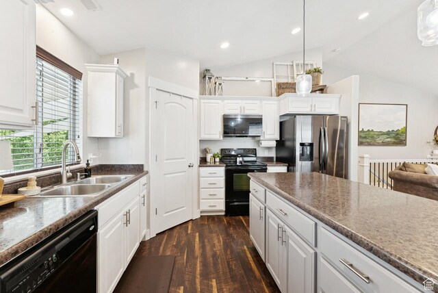 422 W 390 S, Spanish Fork, UT 84660 - kitchen featuring black appliances, dark wood-type flooring, lofted ceiling, white cabinets, and dark countertops