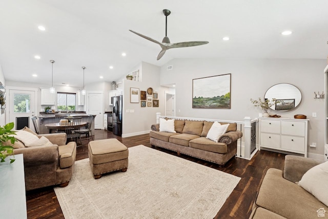 422 W 390 S, Spanish Fork, UT 84660 - living area featuring a ceiling fan, dark wood-type flooring, recessed lighting, and lofted ceiling