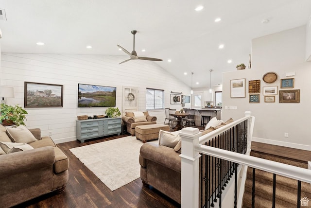 422 W 390 S, Spanish Fork, UT 84660 - living room featuring dark wood-style flooring, lofted ceiling, a ceiling fan, and recessed lighting