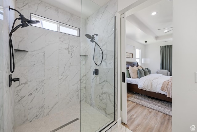 507 N 3650 W, Hurricane, UT 84737 - ensuite bathroom featuring a marble finish shower, wood finished floors, and recessed lighting