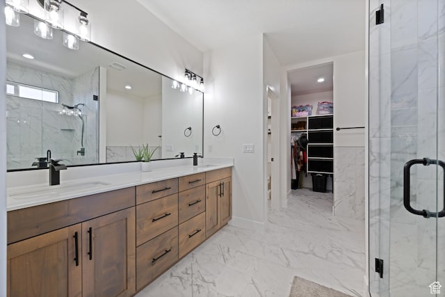 507 N 3650 W, Hurricane, UT 84737 - bathroom featuring double vanity, marble finish floors, a marble finish shower, a walk in closet, and recessed lighting