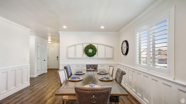 14267 S Palo Alto Dr, Herriman, UT 84096 - dining space featuring crown molding, wood finished floors, a wainscoted wall, a decorative wall, and recessed lighting
