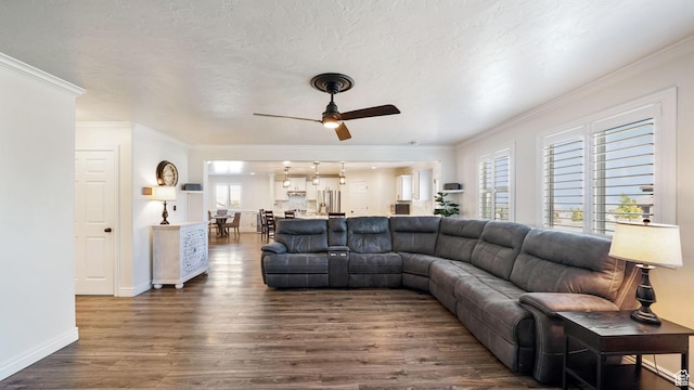 14267 S Palo Alto Dr, Herriman, UT 84096 - living room featuring a ceiling fan, dark wood-style floors, and ornamental molding