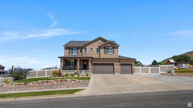 14267 S Palo Alto Dr, Herriman, UT 84096 - view of front facade featuring concrete driveway, stucco siding, a garage, stone siding, and a porch