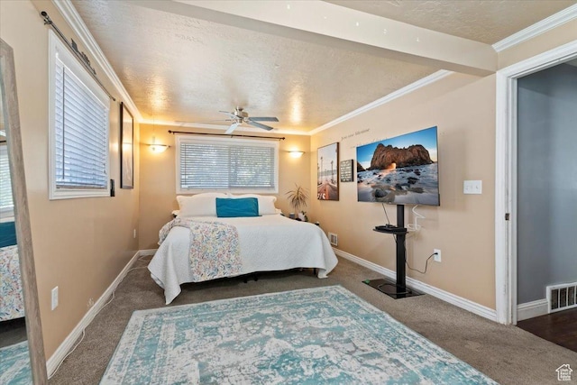 3524 W Meadowbrook Dr, West Valley City, UT 84119 - bedroom with carpet floors, a textured ceiling, multiple windows, crown molding, and ceiling fan