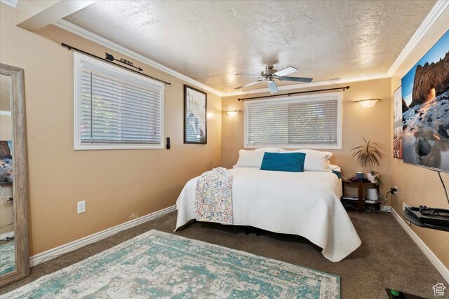 3524 W Meadowbrook Dr, West Valley City, UT 84119 - bedroom with carpet flooring, crown molding, a textured ceiling, and a ceiling fan