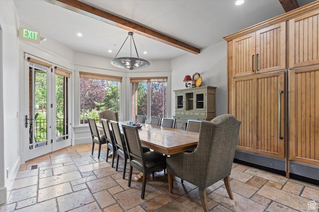 3149 E 9800 S, Sandy, UT 84092 - dining room with recessed lighting, beam ceiling, stone tile flooring, and a chandelier