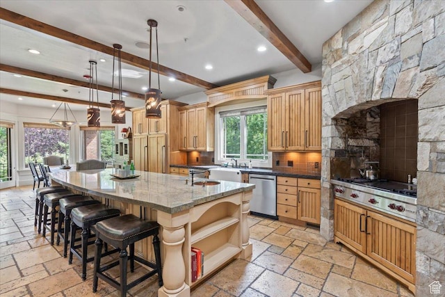 3149 E 9800 S, Sandy, UT 84092 - kitchen featuring stainless steel appliances, stone tile flooring, beam ceiling, recessed lighting, and a large island with sink