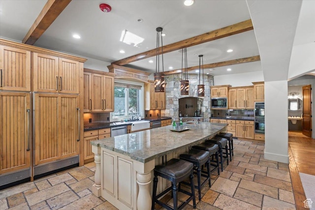 3149 E 9800 S, Sandy, UT 84092 - kitchen featuring built in microwave, beam ceiling, tasteful backsplash, stainless steel dishwasher, and a spacious island