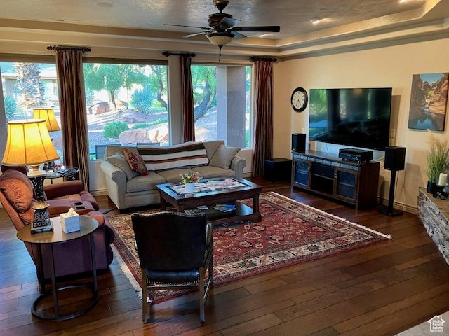1319 W Red Butte Dr W, Washington, UT 84780 - living area featuring wood-type flooring, a ceiling fan, and a raised ceiling