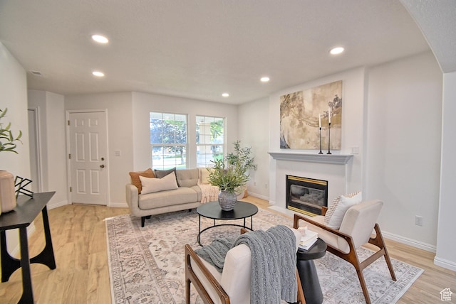 1323 S 1260 W, Orem, UT 84058 - living area with a fireplace with flush hearth, light wood-type flooring, recessed lighting, and arched walkways