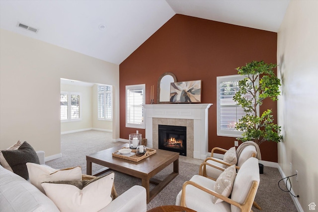 1867 W 9270 S Unit C, West Jordan, UT 84088 - living room with high vaulted ceiling, carpet, and a tile fireplace