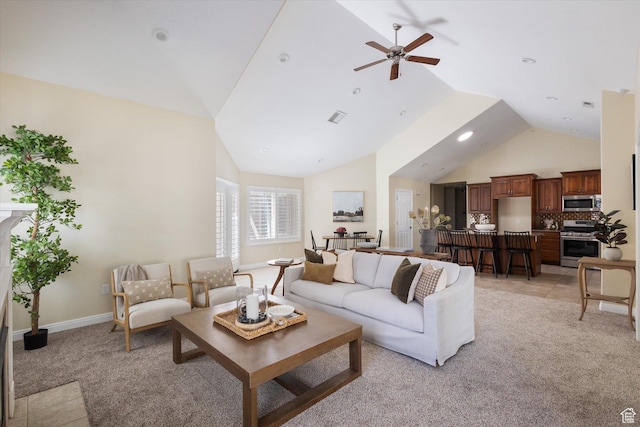 1867 W 9270 S Unit C, West Jordan, UT 84088 - living room featuring light colored carpet, ceiling fan, and high vaulted ceiling