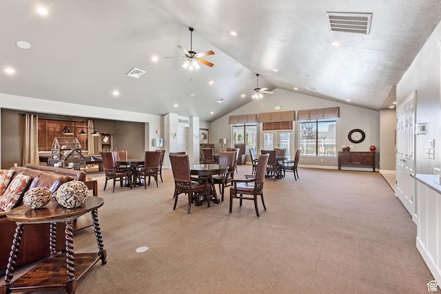 1867 W 9270 S Unit C, West Jordan, UT 84088 - dining room with light colored carpet, vaulted ceiling, ceiling fan, and recessed lighting