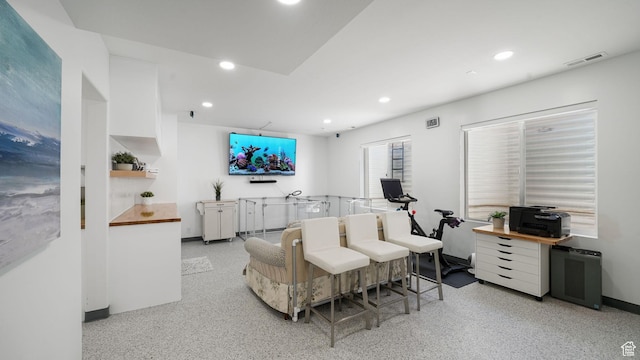 11597 N Sunset Hills Dr, Highland, UT 84003 - living room featuring a desk, recessed lighting, and dark aggregate flooring