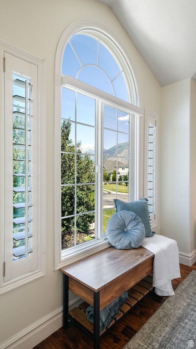 11597 N Sunset Hills Dr, Highland, UT 84003 - sitting room with healthy amount of natural light, lofted ceiling, dark wood-type flooring, and a mountain view