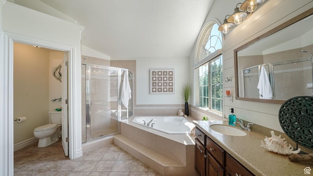 11597 N Sunset Hills Dr, Highland, UT 84003 - full bath featuring a bath, a shower stall, vanity, vaulted ceiling, and tile patterned floors